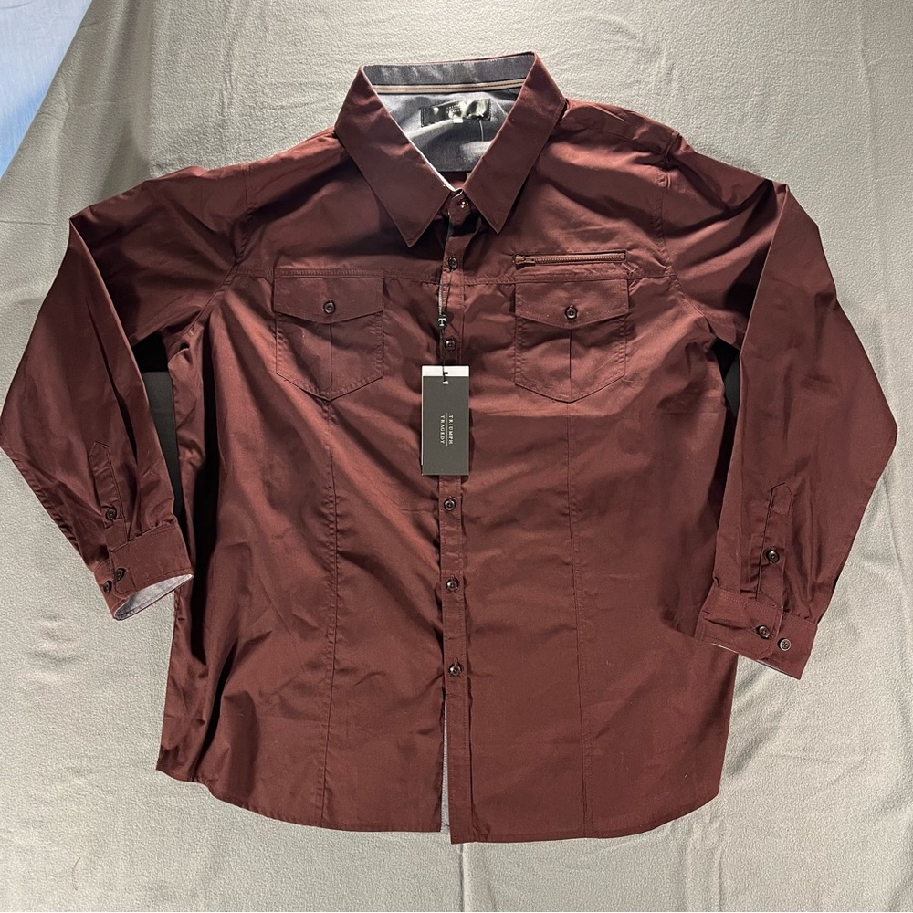 Triumph and Tragedy Burgundy Utility Shirt Mens NWT Streetwear Modern Workwear